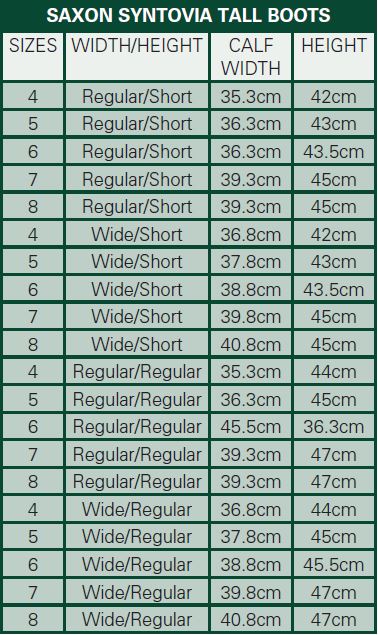 Saxon Boots Size Chart